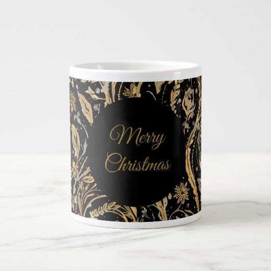 Luxury Black Gold Flowers Pattern, Merry Christmas ジャンボコーヒーマグカップ (正面)