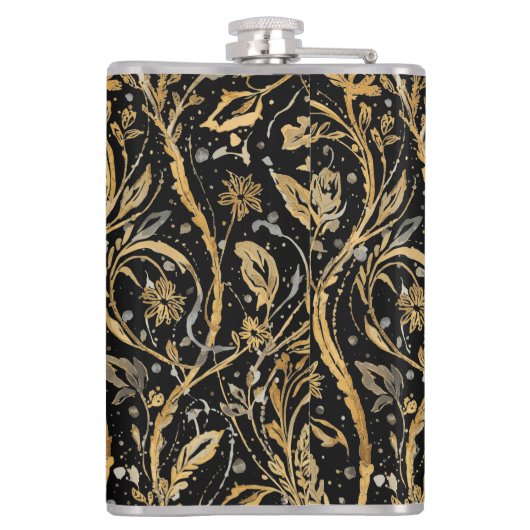 Luxury Black Gold Flowers Pattern, Merry Christmas フラスク (裏面)