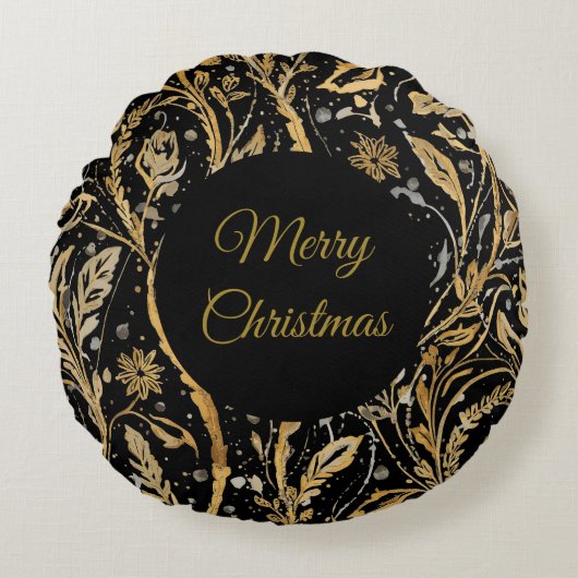 Luxury Black Gold Flowers Pattern, Merry Christmas ラウンドクッション (正面)