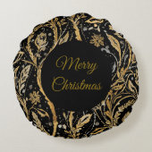 Luxury Black Gold Flowers Pattern, Merry Christmas ラウンドクッション (裏面)