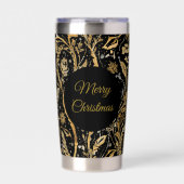 Luxury Black Gold Flowers Pattern, Merry Christmas 保温保冷タンブラー (正面)