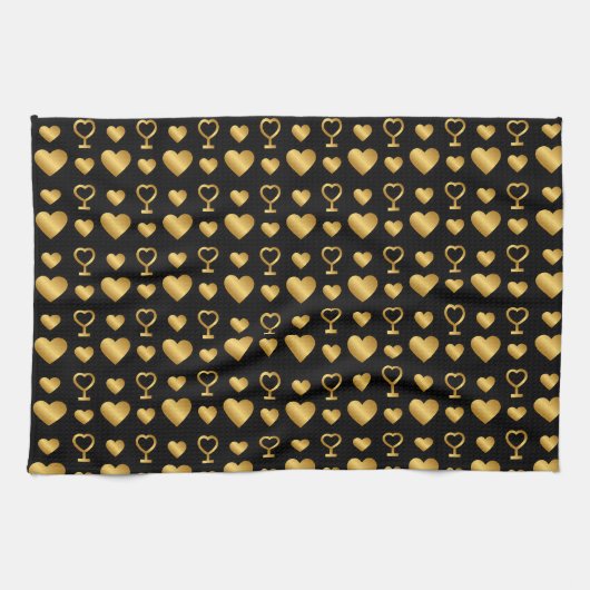 Luxury Black Gold Foil Hearts キッチンタオル (横)