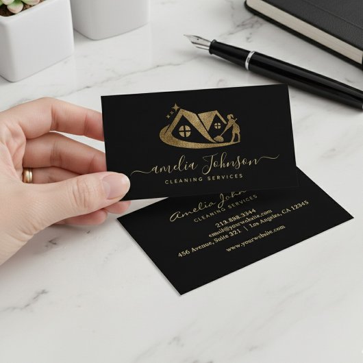 Luxury Black Gold Glitter House Cleaning Service   名刺
