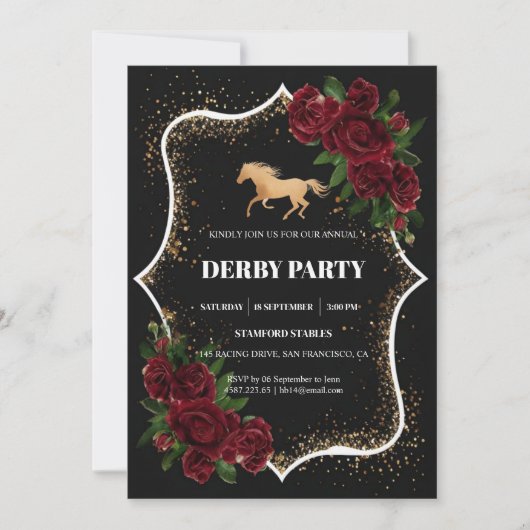 Luxury Black & Gold Glitter Kentucky Derby Invitat 招待状 (正面)