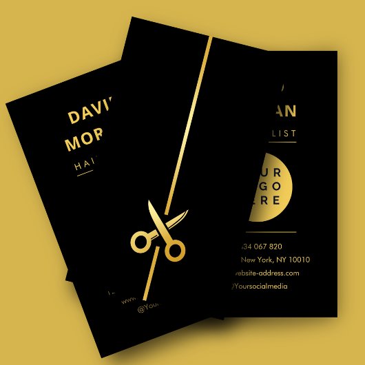 Luxury Black & Gold Hairstylist Scissors Logo 名刺