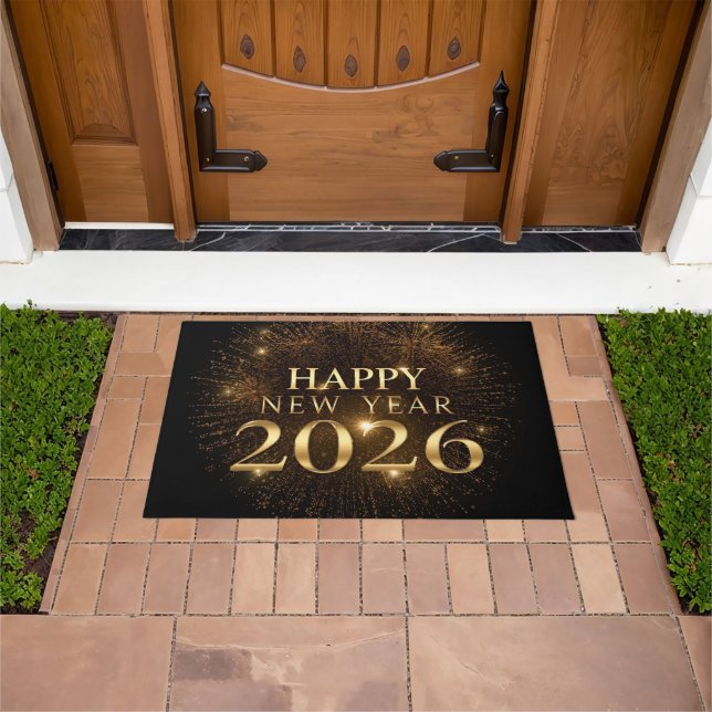 Luxury black gold happy new year welcome door mat ドアマット (室外)