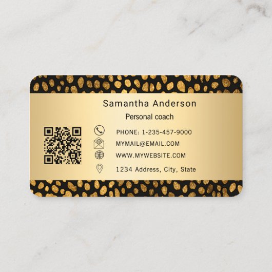 Luxury Black Gold Leopard Print QR Code 名刺 (裏面)