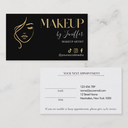 Luxury Black & Gold Makeup Appointment Card 予約カード (正面/裏面)