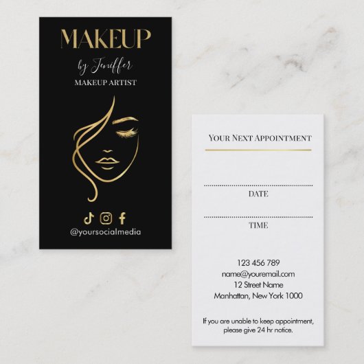 Luxury Black & Gold Makeup Appointment Card 予約カード (正面/裏面)