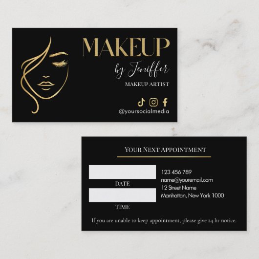 Luxury Black & Gold Makeup Appointment Card 予約カード (正面/裏面)