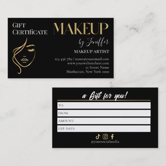 Luxury Black & Gold Makeup Gift Certificate Card ロイヤリティカード (正面/裏面)
