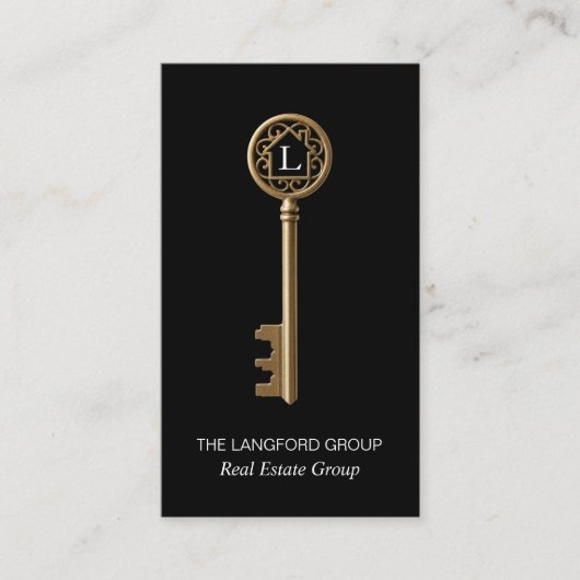 Luxury Black Gold Monogram Key Real Estate Agent 名刺 (正面)