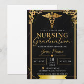 Luxury Black Gold Nursing Graduation Invite Caduce 招待状 (正面/裏面)