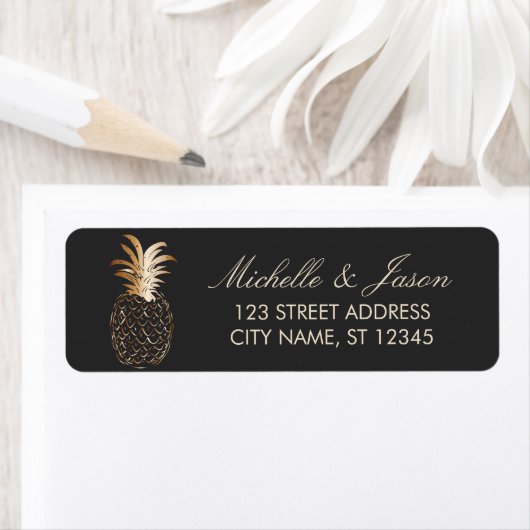 luxury Black Gold Pineapple Wedding Return Address ラベル (インサイチュ)