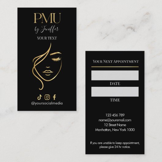 Luxury Black & Gold PMU Appointment Card 予約カード (正面/裏面)