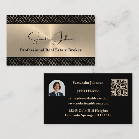Luxury Black & Gold QR Code/Photo Real Estate  名刺 (正面/裏面)