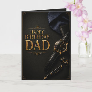 Luxury Black & Gold Watch & Fountain Pen Birthday カード
