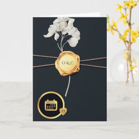 Luxury Black & Gold Wax Seal Wedding Invitation  カード (黄色い花)