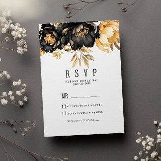 Luxury black ivory gold peony floral RSVP 招待状