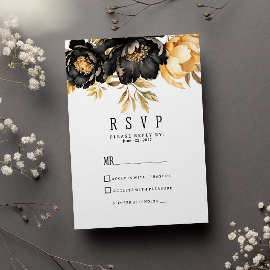 Luxury black ivory gold peony floral RSVP 招待状