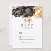 Luxury black ivory gold peony floral RSVP 招待状 (正面)
