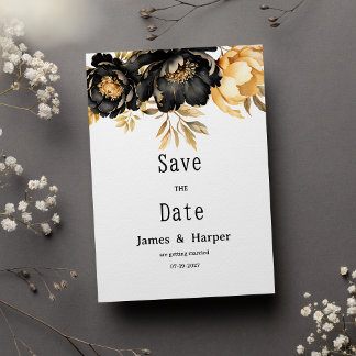 Luxury black ivory gold peony floral Save the Date 招待状