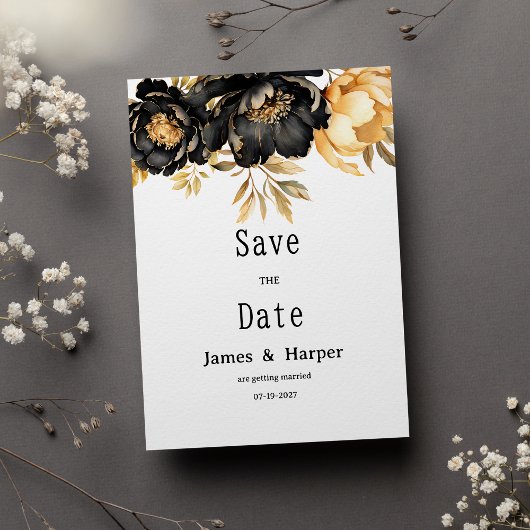 Luxury black ivory gold peony floral Save the Date 招待状