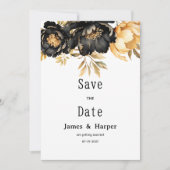 Luxury black ivory gold peony floral Save the Date 招待状 (正面)