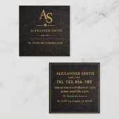Luxury Black Leather Gold Monogram Business Brand スクエア名刺 (正面/裏面)