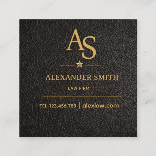 Luxury Black Leather Gold Monogram Business Brand スクエア名刺 (正面)