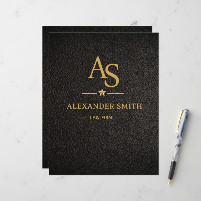 Luxury Black Leather Gold Monogram Business Brand レターヘッド (正面/裏面インサイチュ)