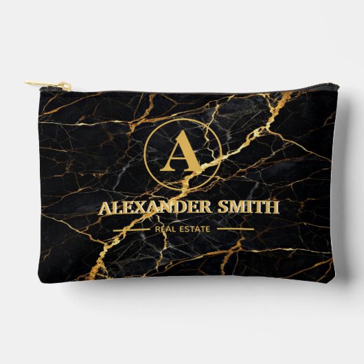 Luxury Black Marble Gold Monogram Business Brand アクセサリーポーチ (正面)