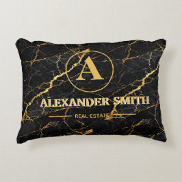 Luxury Black Marble Gold Monogram Business Brand アクセントクッション