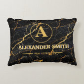 Luxury Black Marble Gold Monogram Business Brand アクセントクッション (正面)