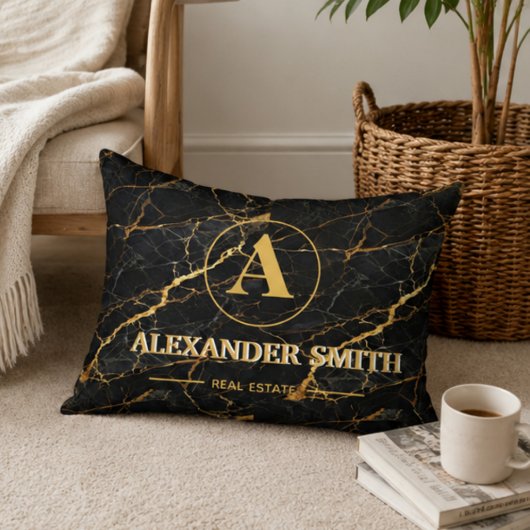Luxury Black Marble Gold Monogram Business Brand アクセントクッション