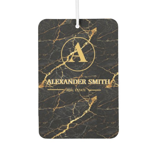 Luxury Black Marble Gold Monogram Business Brand カーエアーフレッシュナー (正面)