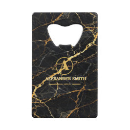 Luxury Black Marble Gold Monogram Business Brand クレジットカード栓抜き