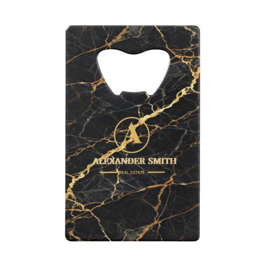 Luxury Black Marble Gold Monogram Business Brand クレジットカード栓抜き (正面)