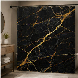Luxury Black Marble Gold Monogram Business Brand シャワーカーテン