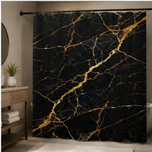 Luxury Black Marble Gold Monogram Business Brand シャワーカーテン