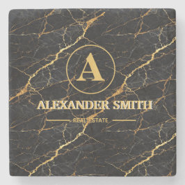 Luxury Black Marble Gold Monogram Business Brand ストーンコースター