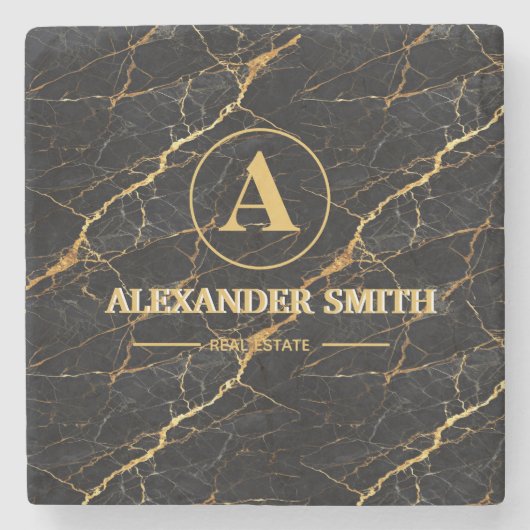 Luxury Black Marble Gold Monogram Business Brand ストーンコースター (正面)