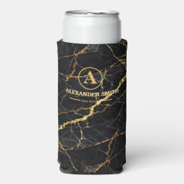 Luxury Black Marble Gold Monogram Business Brand スリム缶クーラー