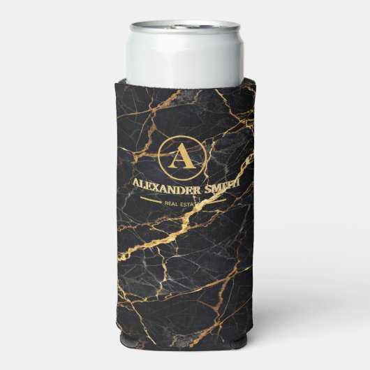 Luxury Black Marble Gold Monogram Business Brand スリム缶クーラー (Seltzer正面)