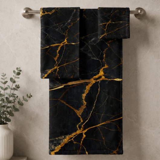 Luxury Black Marble Gold Monogram Business Brand バスタオルセット