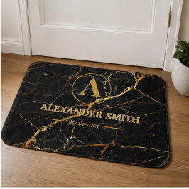 Luxury Black Marble Gold Monogram Business Brand バスマット