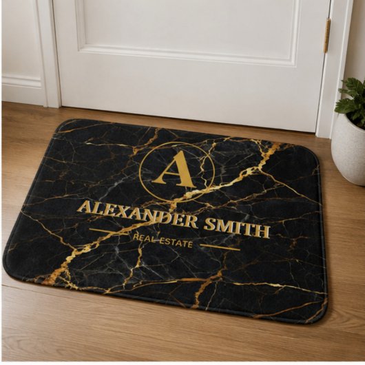 Luxury Black Marble Gold Monogram Business Brand バスマット