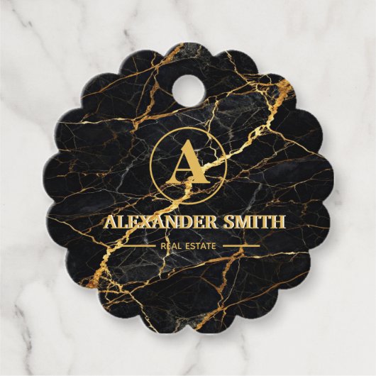 Luxury Black Marble Gold Monogram Business Brand フェイバータグ (正面)