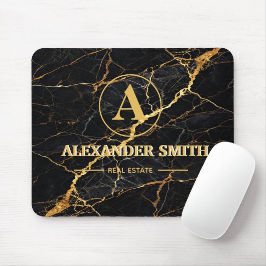 Luxury Black Marble Gold Monogram Business Brand マウスパッド (マウス)