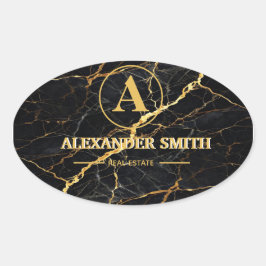 Luxury Black Marble Gold Monogram Business Brand 楕円形シール